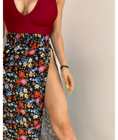 Gonna lunga con spacco e vita elastica stampa nero fiori Matinee